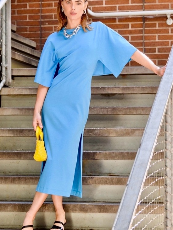 COS Dresses & Skirts - COS Signature Draped-Sleeve Midi Dress. Azure Blue,Soft Jersey Fabric. Leg Slits
